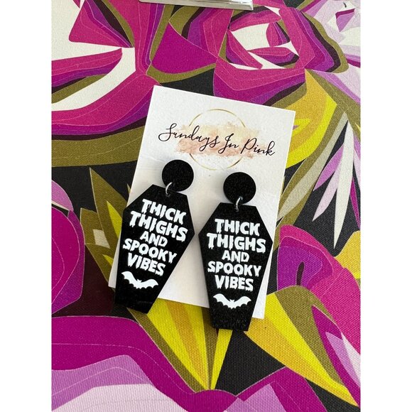 THICK THIGHS Spooky Vibes Coffin Earrings NEW - Picture 1 of 3